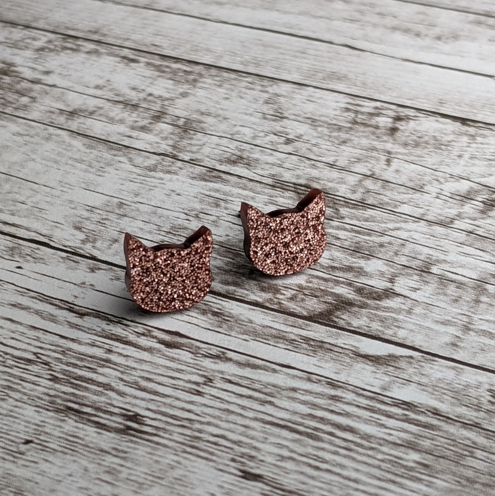 Sparkly Acrylic Cats with Bronze Glitter Stud Earrings